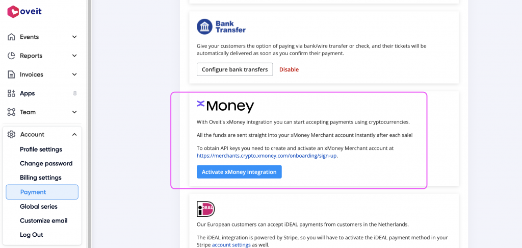 xMoney payments for events