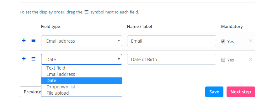 The form setup. You can choose from text, dropdown lists, email, dates and file uploads 