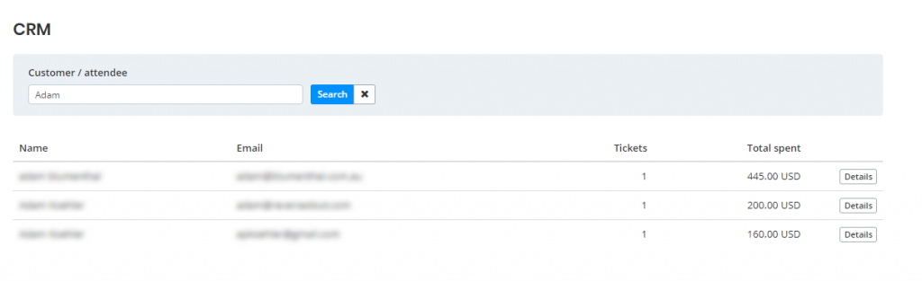 CRM search Adam attendee