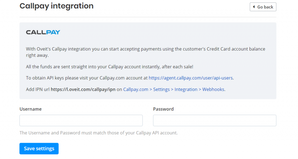 Oveit Dashboard - Activate Callpay Integration