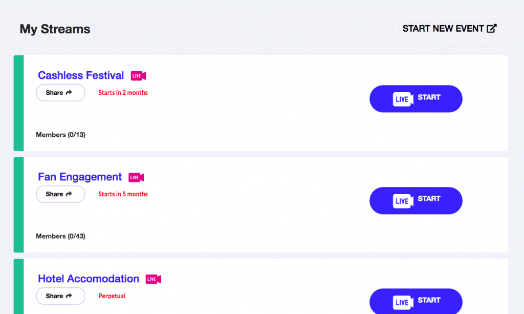 list of events available in Streams.live