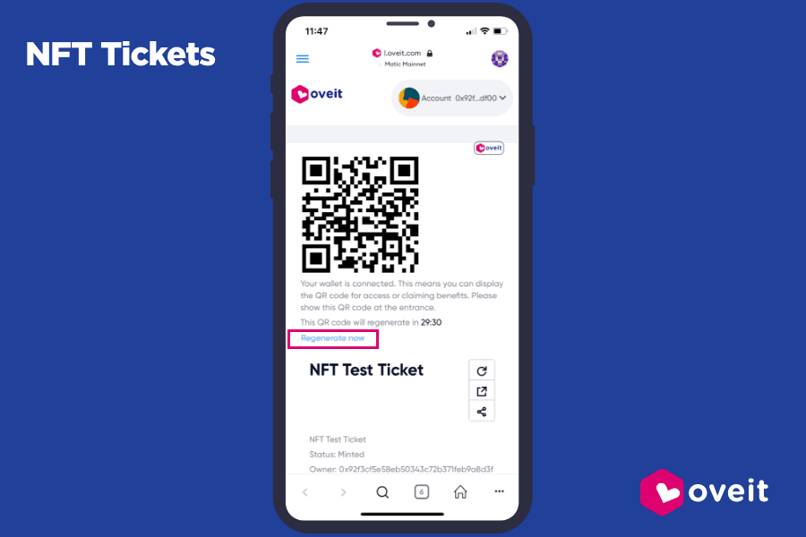 print screen from a mobile app showcasing an NFT ticket generated with Oveit
