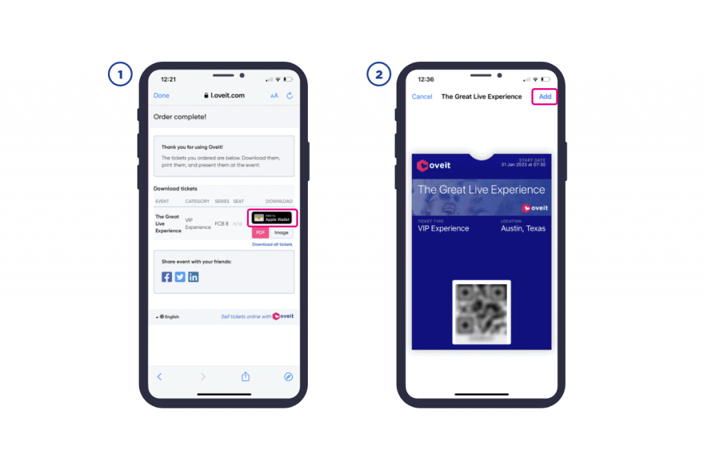 print screens showcasing how to add Oveit's smart tickets to Apple Wallet. 