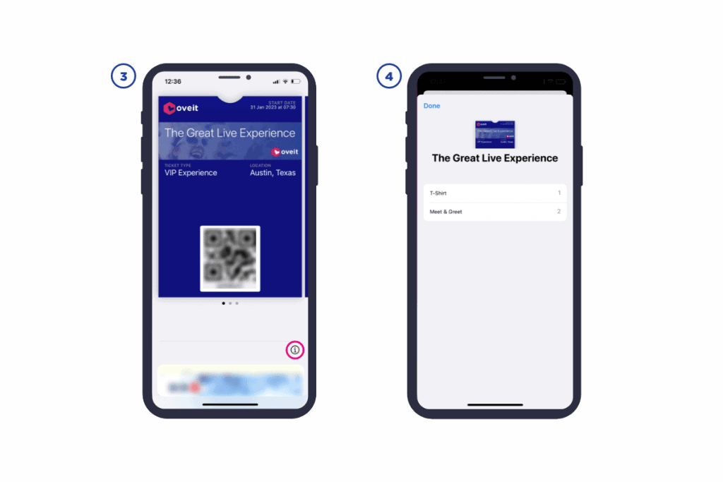 print screens showing hoe the add-ons stored on Oveit's smart tickets can be displayed in Apple Wallet