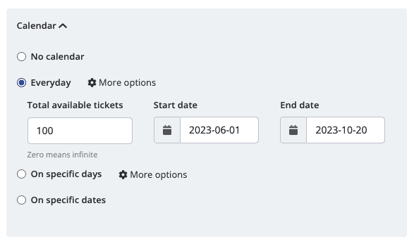 Calendar based tickets settings
