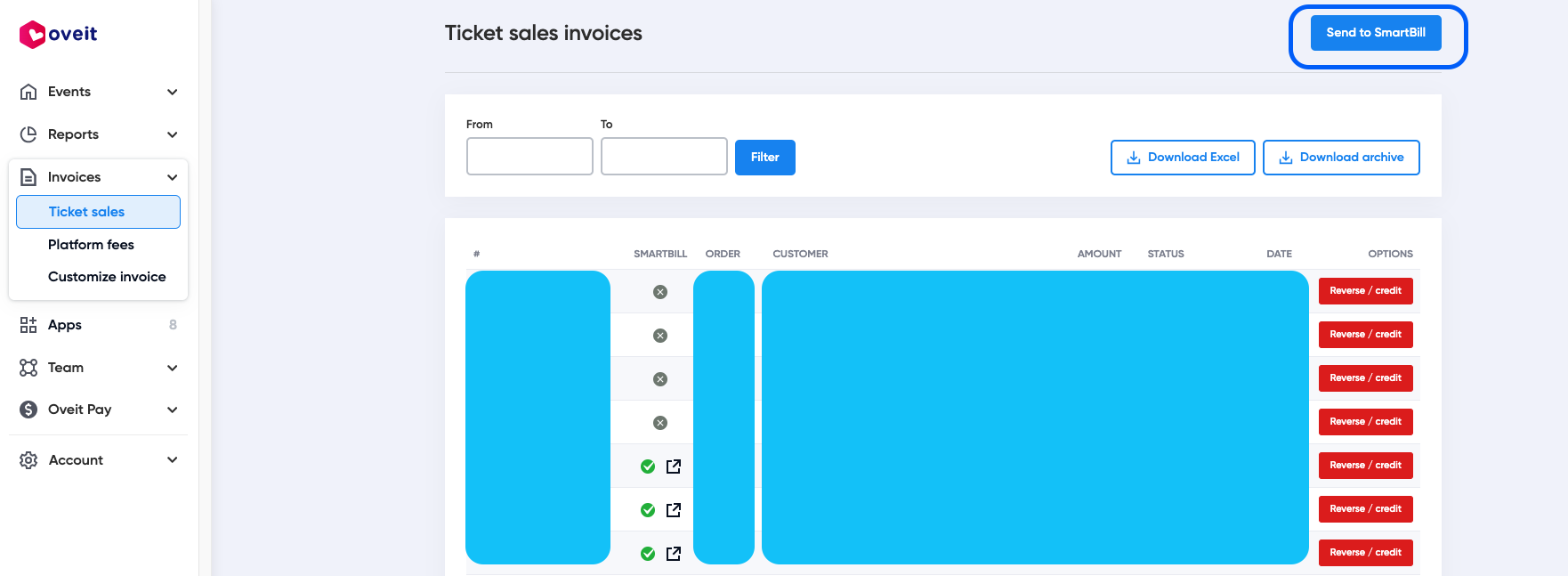 Oveit Dashboard - option to send invoices to Smartbill to allow event organizers to upload them into eFactura environment