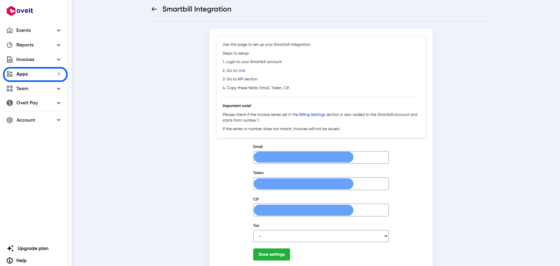 Smartbill setup for ticketing and sending to efactura