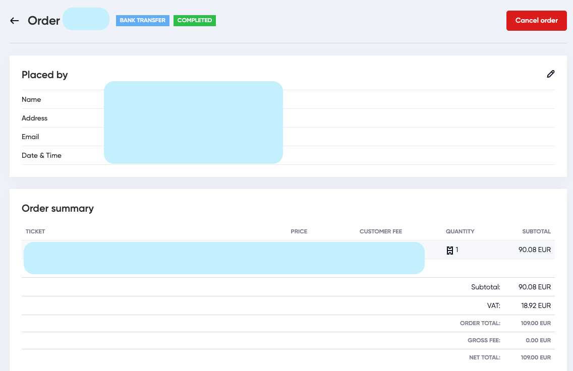 Oveit order details page highlighting the red Cancel Order button for bank transfer payments.