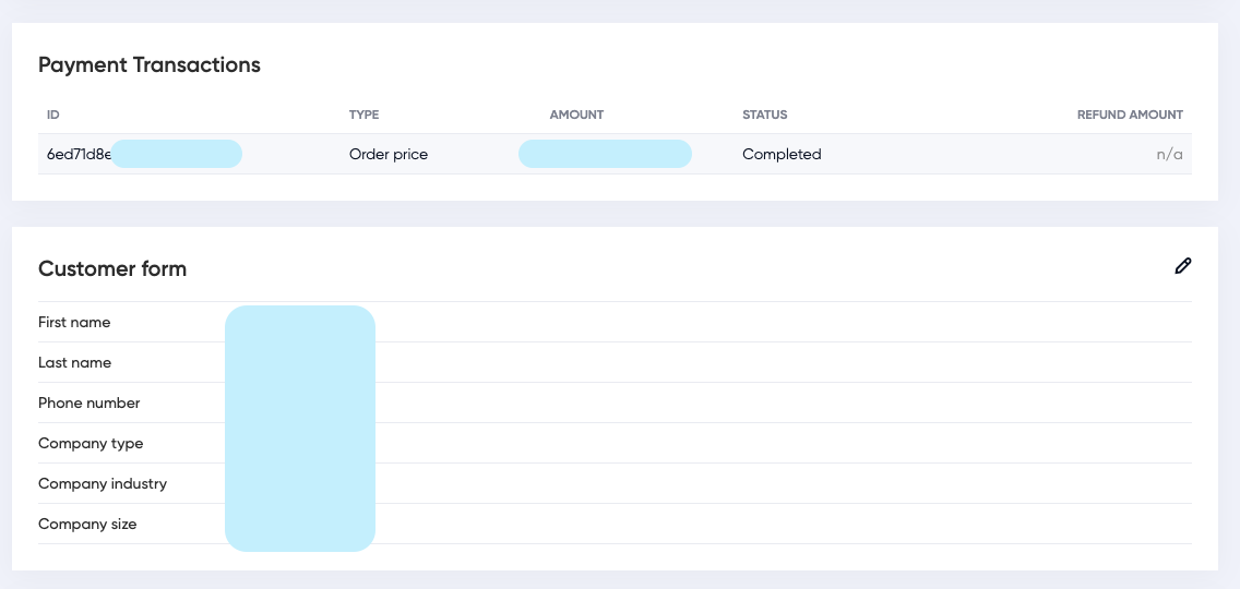 Oveit order dashboard showing Payment Transactions section with Transaction ID highlighted.