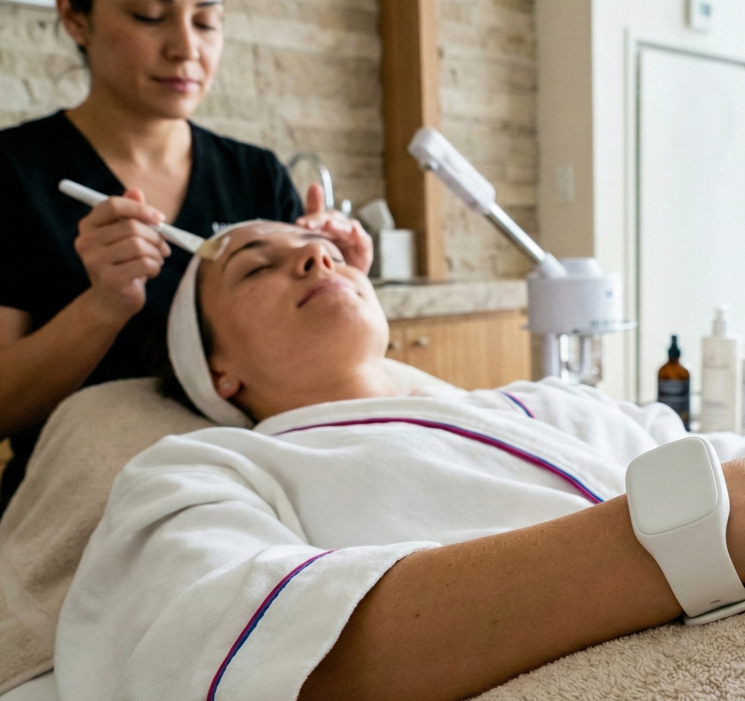Woman getting a facial treatment paid on wristband Managing operations in spas with integrated management system by Oveit