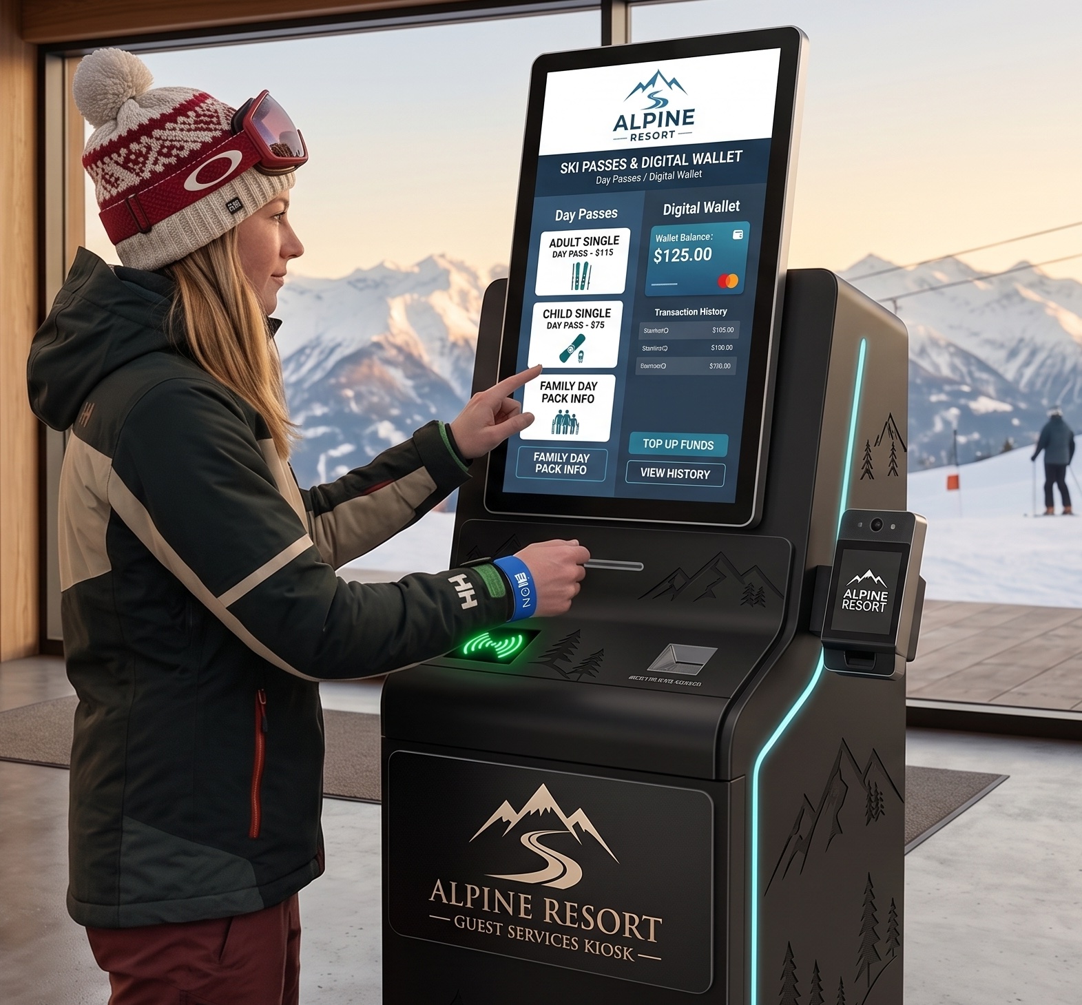 Kiosk resort purchases topups Using a ski resort kiosk for purchases and topups